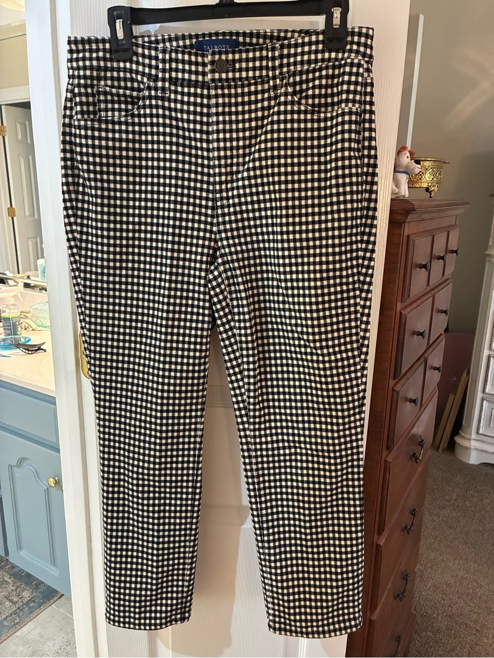Talbots Velveteen Black & White Gingham High Waist Straight Leg Pants SZ 8P